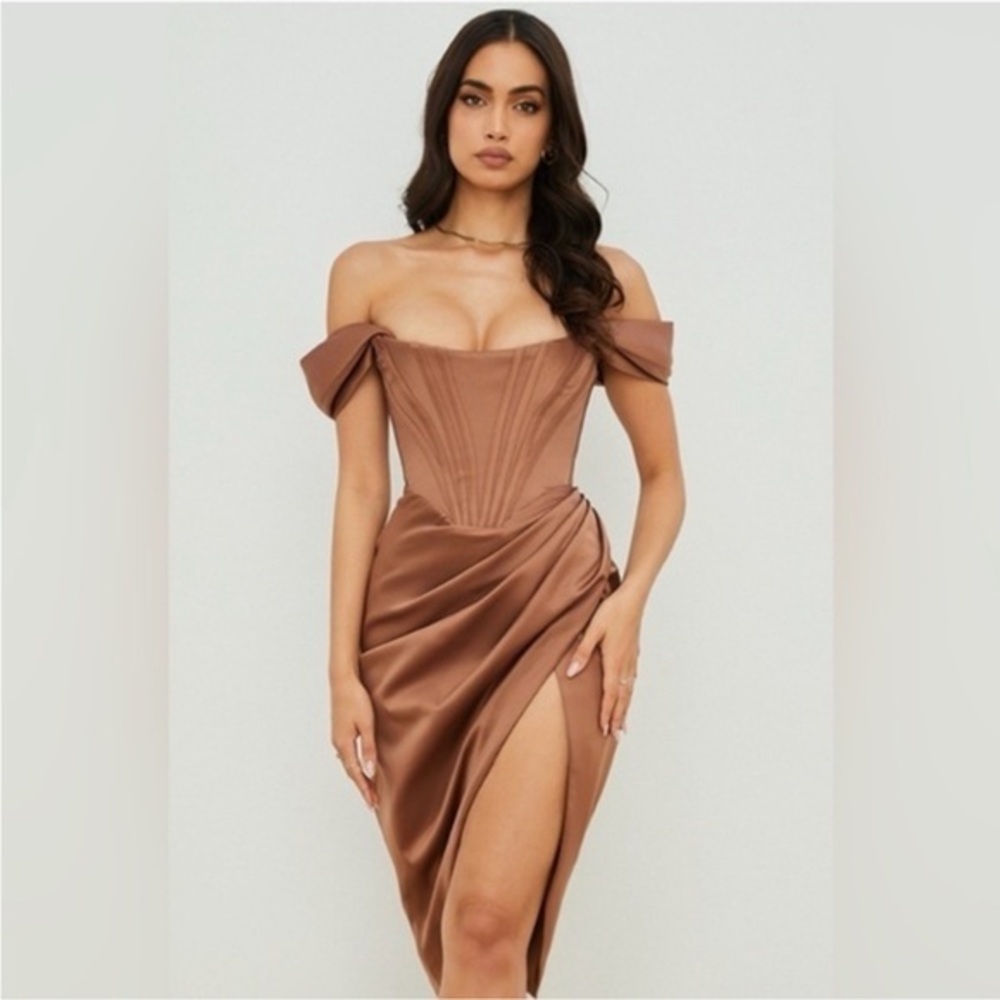House of Cb Loretta Toffee Satin Off
Shoulder Dress